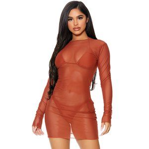 Long Sleeve Sheer Mesh Coverup Dress Rust